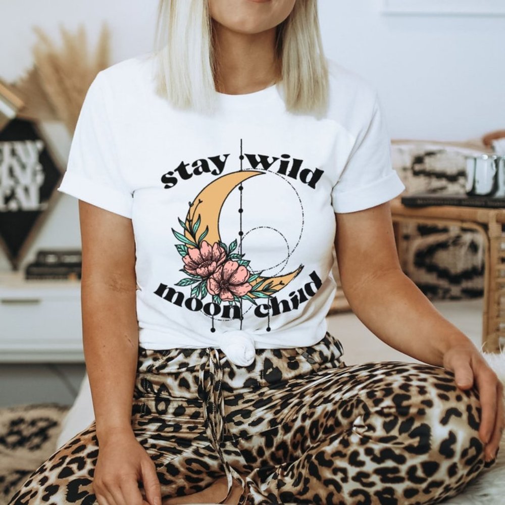 Stay Wild Moon Child Graphic Tee Boho T-shirt Retro Tee - White